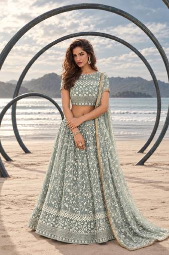 PISTA GREEN  WORK THREAD WITH ZARI AND SEQUINCE WORK FESTIVE LEHENGA CHOLI SET FOR WOMEN'S