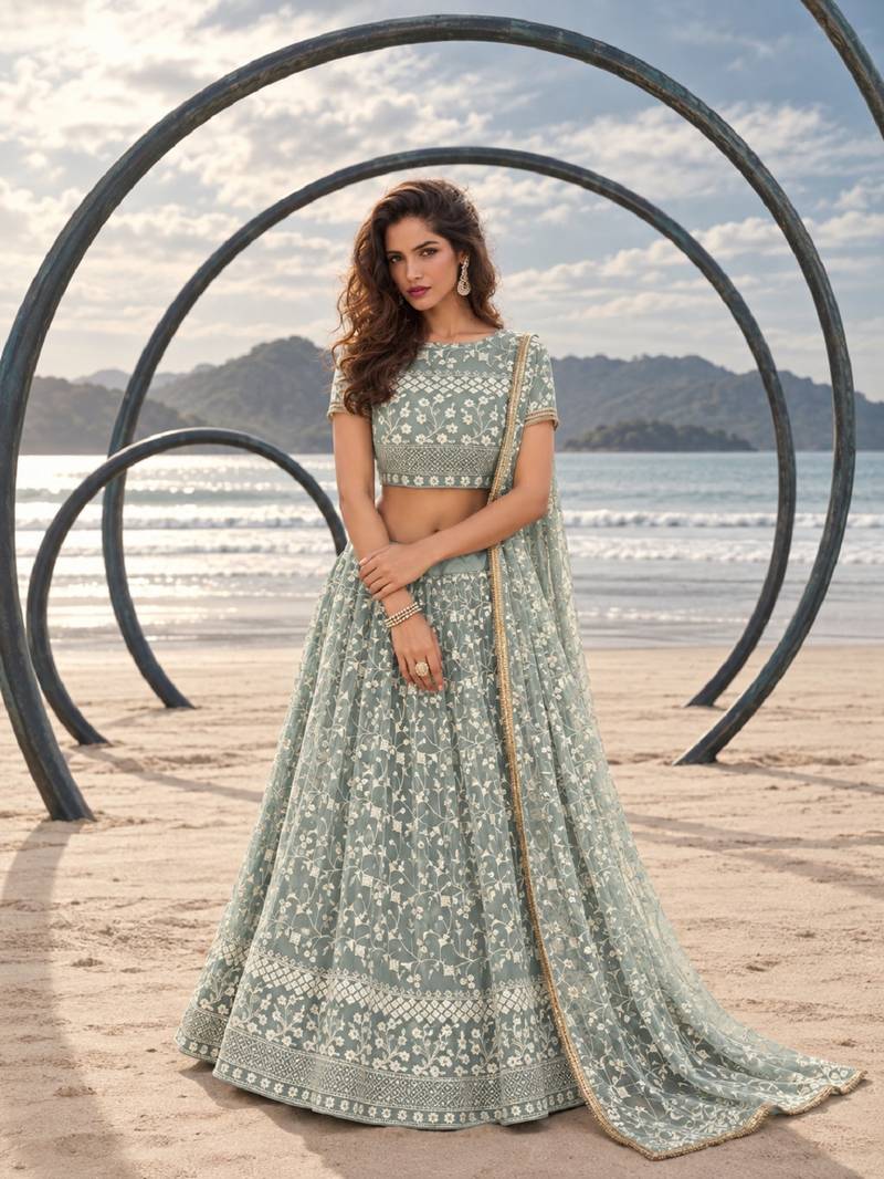 PISTA GREEN  WORK THREAD WITH ZARI AND SEQUINCE WORK FESTIVE LEHENGA CHOLI SET FOR WOMEN'S