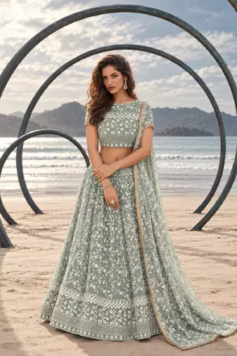 PISTA GREEN  WORK THREAD WITH ZARI AND SEQUINCE WORK FESTIVE LEHENGA CHOLI SET FOR WOMEN'S