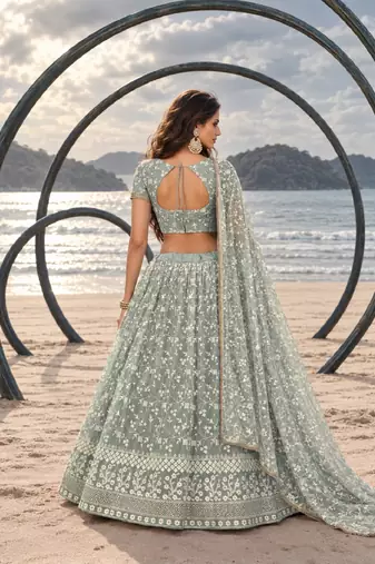 PISTA GREEN  WORK THREAD WITH ZARI AND SEQUINCE WORK FESTIVE LEHENGA CHOLI SET FOR WOMEN'S