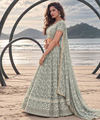 PISTA GREEN  WORK THREAD WITH ZARI AND SEQUINCE WORK FESTIVE LEHENGA CHOLI SET FOR WOMEN'S 3