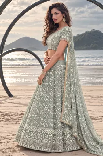 PISTA GREEN  WORK THREAD WITH ZARI AND SEQUINCE WORK FESTIVE LEHENGA CHOLI SET FOR WOMEN'S