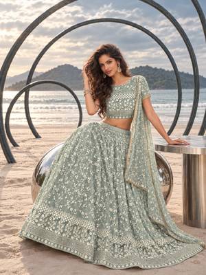 PISTA GREEN  WORK THREAD WITH ZARI AND SEQUINCE WORK FESTIVE LEHENGA CHOLI SET FOR WOMEN'S 4