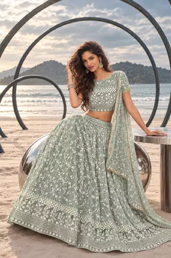 PISTA GREEN  WORK THREAD WITH ZARI AND SEQUINCE WORK FESTIVE LEHENGA CHOLI SET FOR WOMEN'S