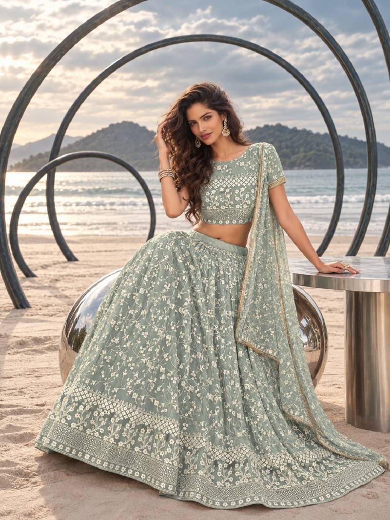 PISTA GREEN  WORK THREAD WITH ZARI AND SEQUINCE WORK FESTIVE LEHENGA CHOLI SET FOR WOMEN'S