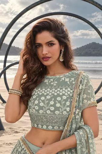 PISTA GREEN  WORK THREAD WITH ZARI AND SEQUINCE WORK FESTIVE LEHENGA CHOLI SET FOR WOMEN'S