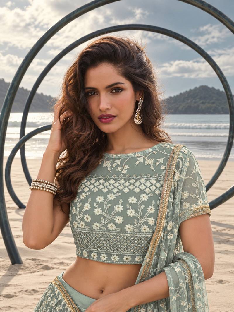 PISTA GREEN  WORK THREAD WITH ZARI AND SEQUINCE WORK FESTIVE LEHENGA CHOLI SET FOR WOMEN'S