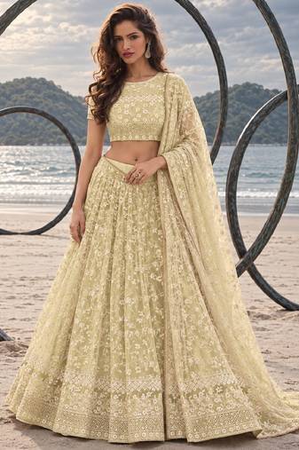 LEMON YELLOW  WORK THREAD WITH ZARI AND SEQUINCE WORK FESTIVE LEHENGA CHOLI SET FOR WOMEN'S