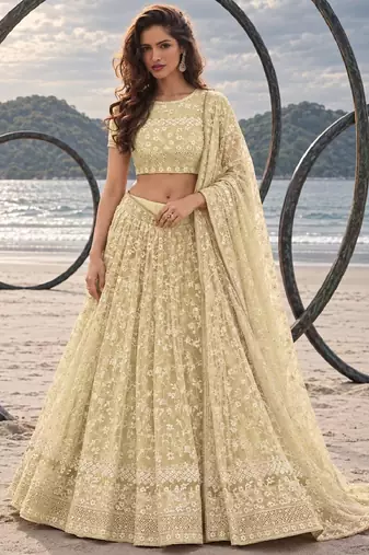 LEMON YELLOW  WORK THREAD WITH ZARI AND SEQUINCE WORK FESTIVE LEHENGA CHOLI SET FOR WOMEN'S