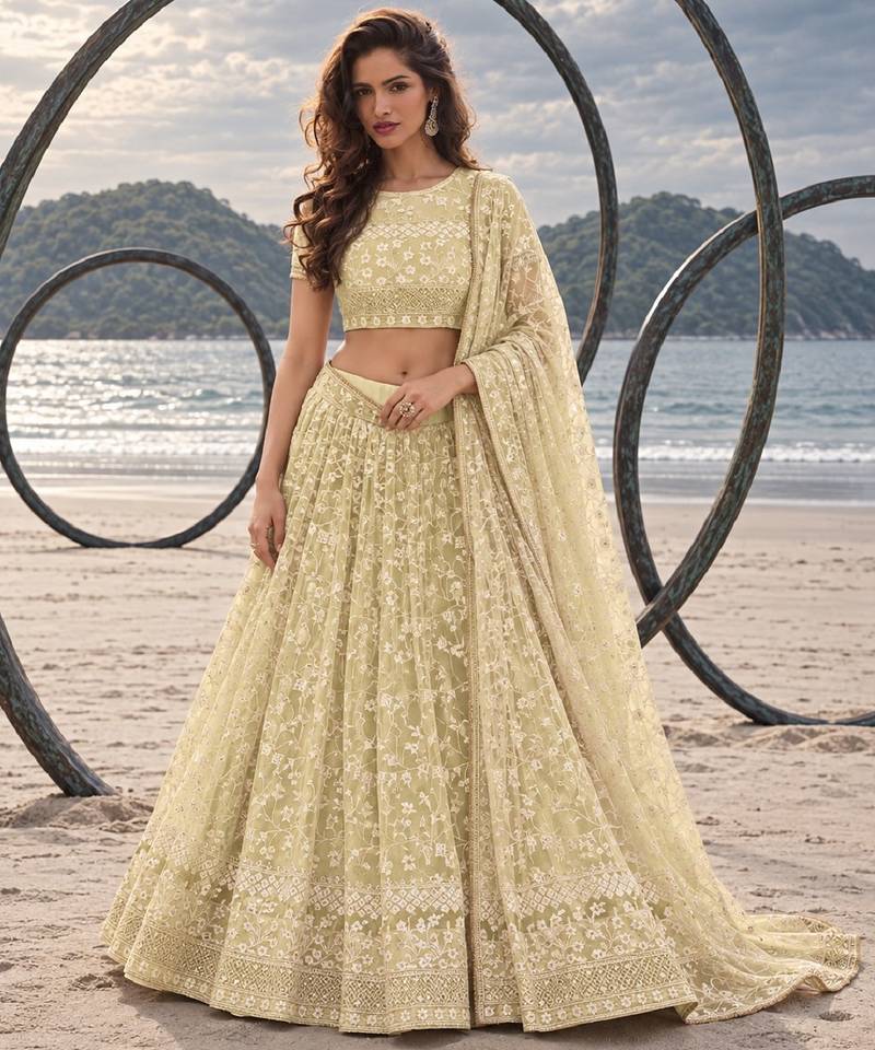 LEMON YELLOW  WORK THREAD WITH ZARI AND SEQUINCE WORK FESTIVE LEHENGA CHOLI SET FOR WOMEN'S