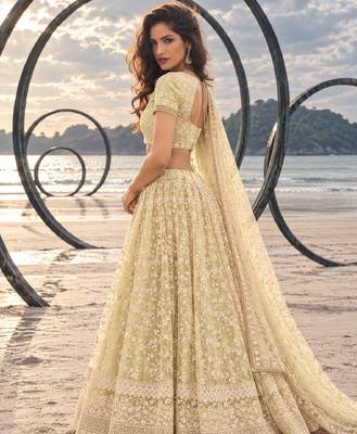 LEMON YELLOW  WORK THREAD WITH ZARI AND SEQUINCE WORK FESTIVE LEHENGA CHOLI SET FOR WOMEN'S 3