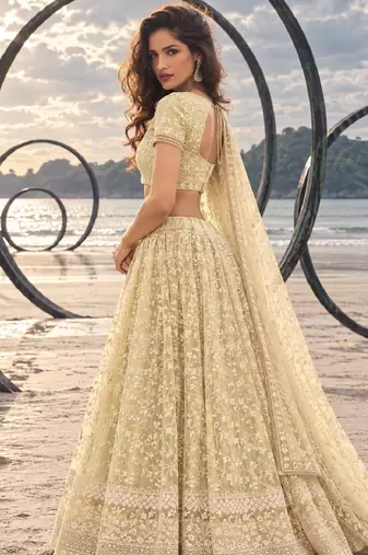 LEMON YELLOW  WORK THREAD WITH ZARI AND SEQUINCE WORK FESTIVE LEHENGA CHOLI SET FOR WOMEN'S