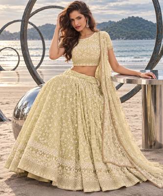 LEMON YELLOW  WORK THREAD WITH ZARI AND SEQUINCE WORK FESTIVE LEHENGA CHOLI SET FOR WOMEN'S 4