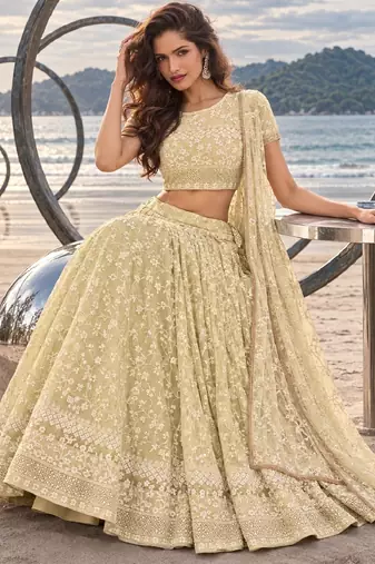 LEMON YELLOW  WORK THREAD WITH ZARI AND SEQUINCE WORK FESTIVE LEHENGA CHOLI SET FOR WOMEN'S