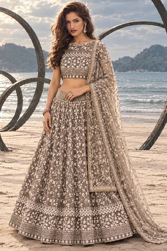 CHOCOLATE BROWN NET THREAD WITH ZARI AND SEQUINCE WORK FESTIVE LEHENGA CHOLI SET FOR WOMEN'S