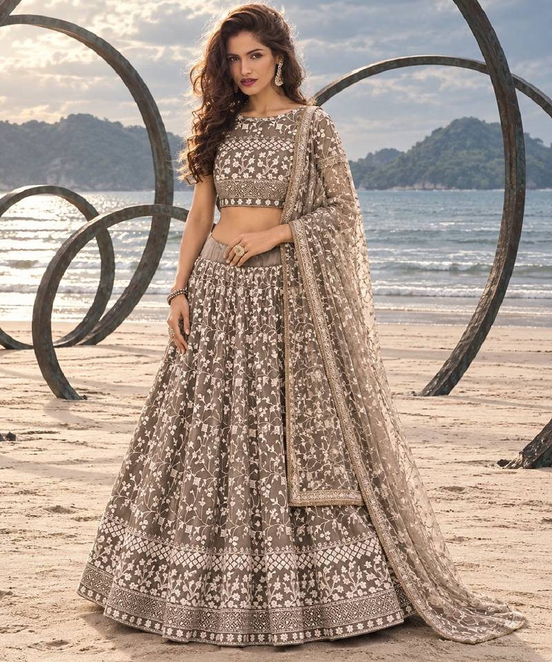 CHOCOLATE BROWN NET THREAD WITH ZARI AND SEQUINCE WORK FESTIVE LEHENGA CHOLI SET FOR WOMEN'S