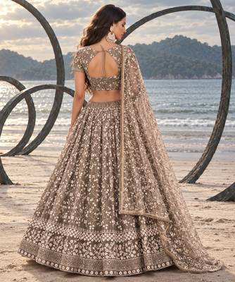 CHOCOLATE BROWN NET THREAD WITH ZARI AND SEQUINCE WORK FESTIVE LEHENGA CHOLI SET FOR WOMEN'S 2