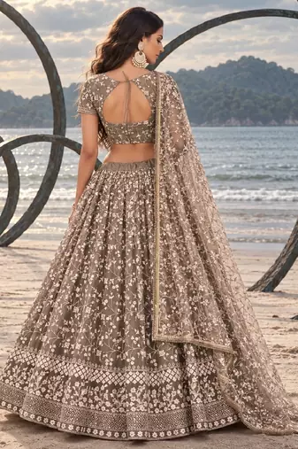 CHOCOLATE BROWN NET THREAD WITH ZARI AND SEQUINCE WORK FESTIVE LEHENGA CHOLI SET FOR WOMEN'S