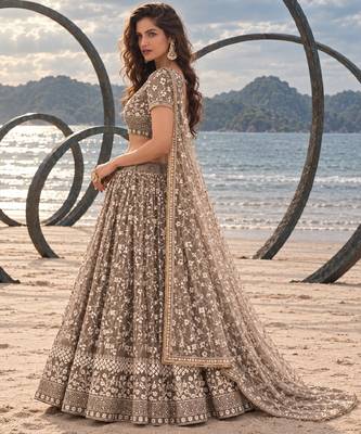 CHOCOLATE BROWN NET THREAD WITH ZARI AND SEQUINCE WORK FESTIVE LEHENGA CHOLI SET FOR WOMEN'S 3