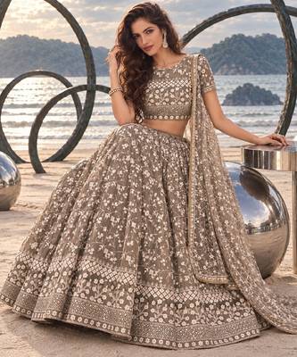 CHOCOLATE BROWN NET THREAD WITH ZARI AND SEQUINCE WORK FESTIVE LEHENGA CHOLI SET FOR WOMEN'S 4