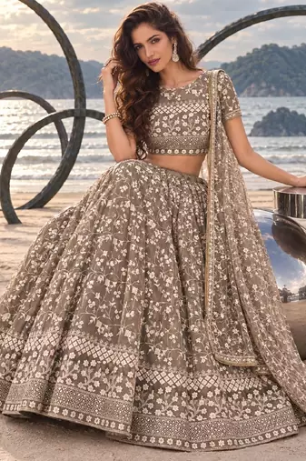 CHOCOLATE BROWN NET THREAD WITH ZARI AND SEQUINCE WORK FESTIVE LEHENGA CHOLI SET FOR WOMEN'S