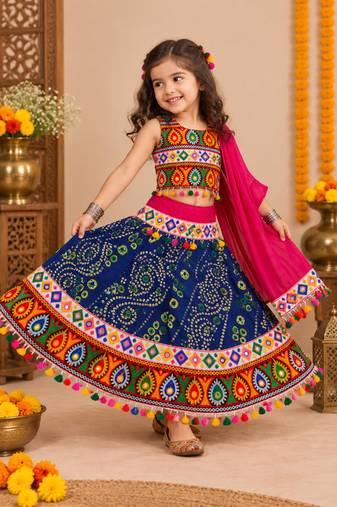 Banjara India Kutch Work Embroidered Girls Lehenga Choli Set with Dupatta (CC-RJS) - Blue