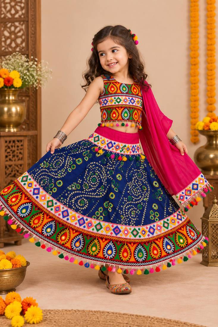 Banjara India Kutch Work Embroidered Girls Lehenga Choli Set with Dupatta (CC-RJS) - Blue