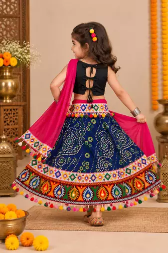 Kutch Work Embroidered Girls Lehenga Choli Set with Dupatta Blue