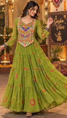 Parrot green georgette with multi thread embroidered and real mirror work navratri gown 1