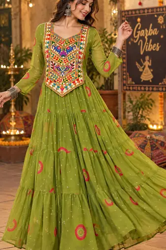 Parrot green georgette with multi thread embroidered and real mirror work navratri gown