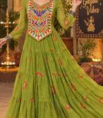 Parrot green georgette with multi thread embroidered and real mirror work navratri gown