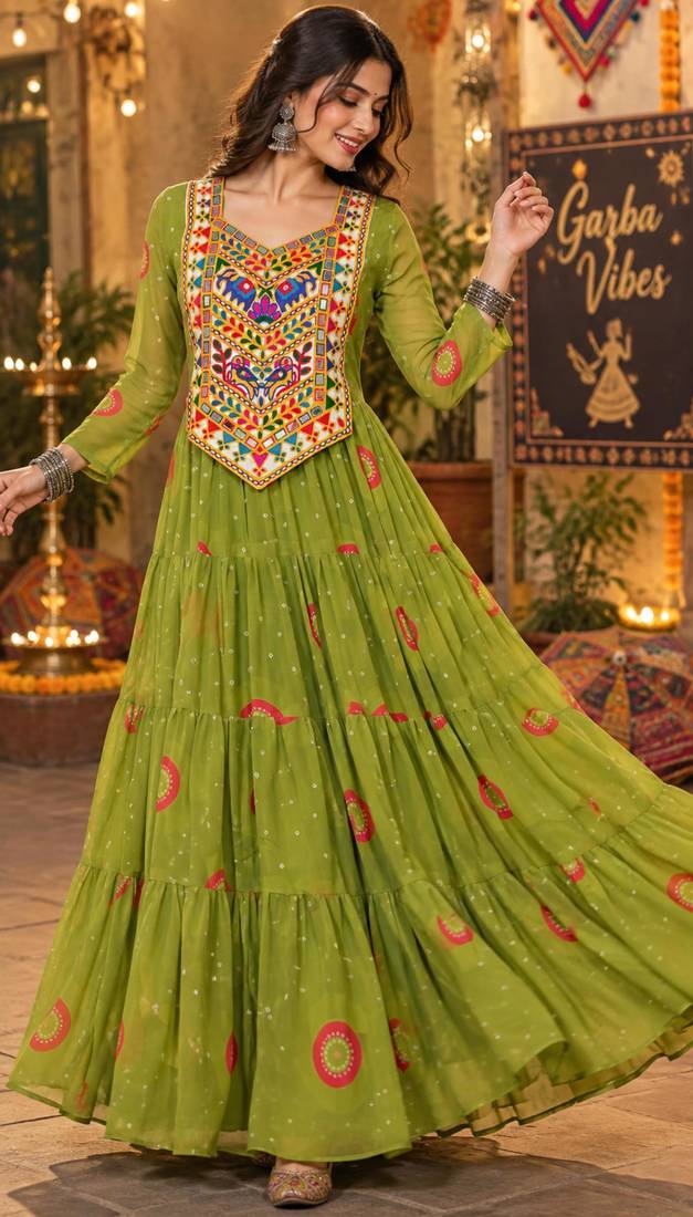 Parrot green georgette with multi thread embroidered and real mirror work navratri gown