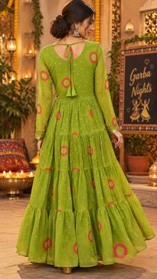 Parrot green georgette with multi thread embroidered and real mirror work navratri gown 2