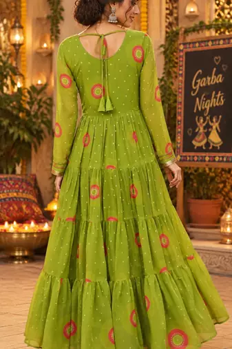 Parrot green georgette with multi thread embroidered and real mirror work navratri gown