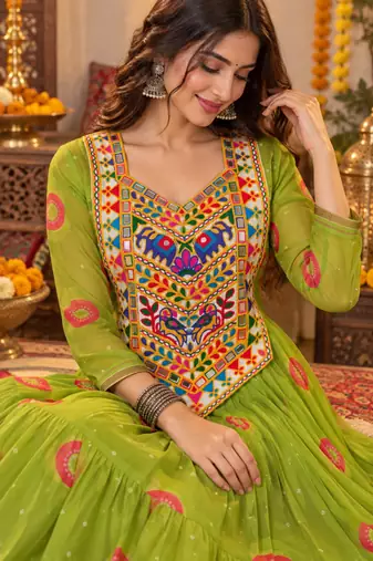 Parrot green georgette with multi thread embroidered and real mirror work navratri gown