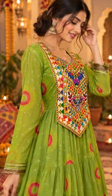 Parrot green georgette with multi thread embroidered and real mirror work navratri gown 4
