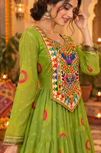 Parrot green georgette with multi thread embroidered and real mirror work navratri gown