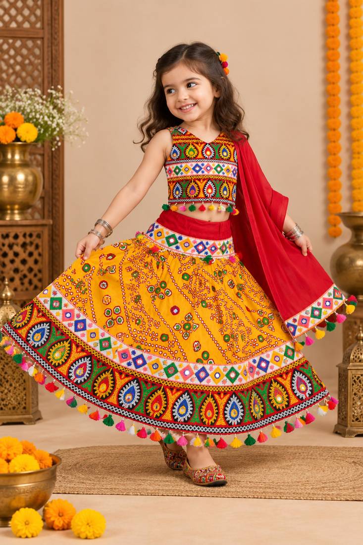 Banjara India Kutch Work Embroidered Girls Lehenga Choli Set with Dupatta (CC-RJS) - Mango Yellow