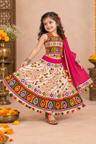 Banjara India Kutch Work Embroidered Girls Lehenga Choli Set with Dupatta (CC-RJS) - White