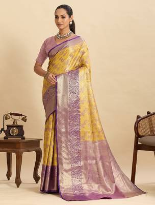 Yellow jari work silk blend saree with blouse 1