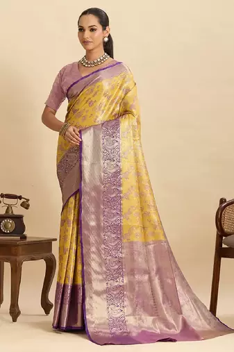 Yellow jari work silk blend saree with blouse