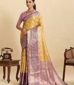 Yellow jari work silk blend saree with blouse