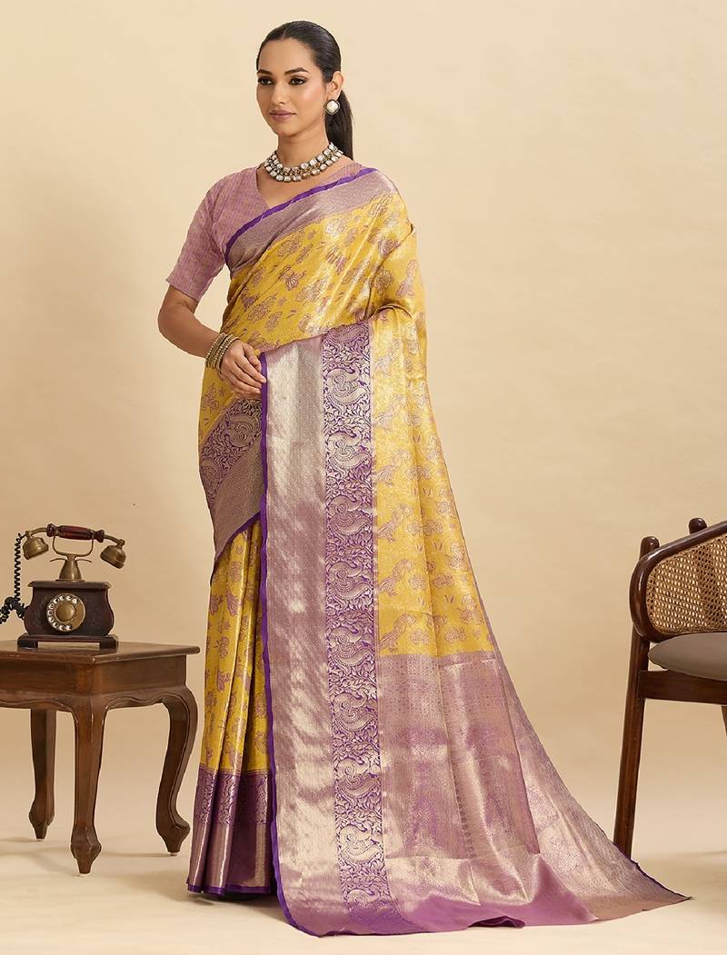 Yellow jari work silk blend saree with blouse