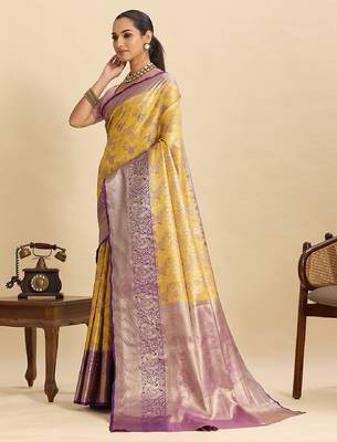 Yellow jari work silk blend saree with blouse 2