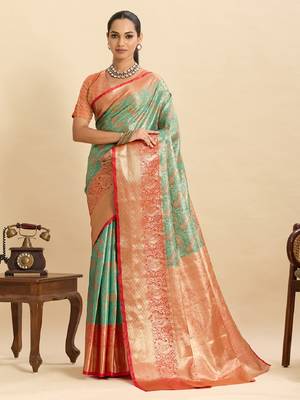 Pista green jari work silk blend saree with blouse 1