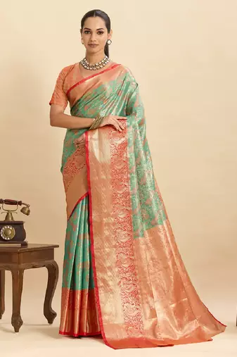 Pista green jari work silk blend saree with blouse