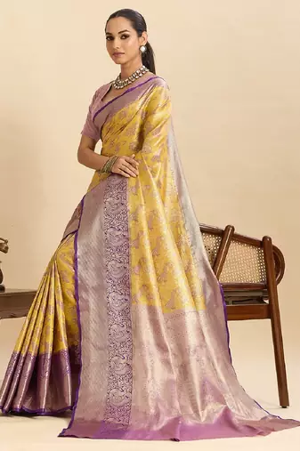 Yellow jari work silk blend saree with blouse