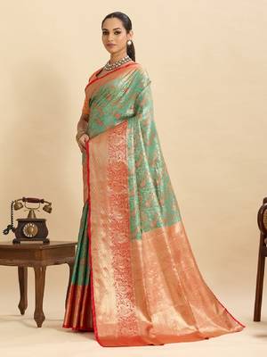 Pista green jari work silk blend saree with blouse 2