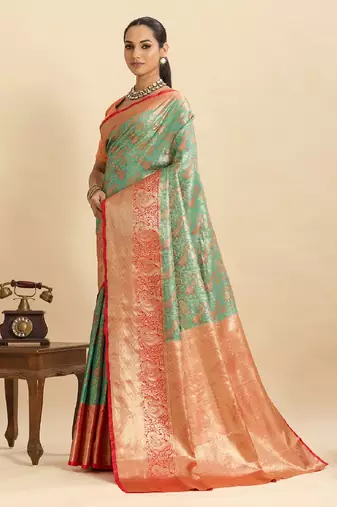 Pista green jari work silk blend saree with blouse