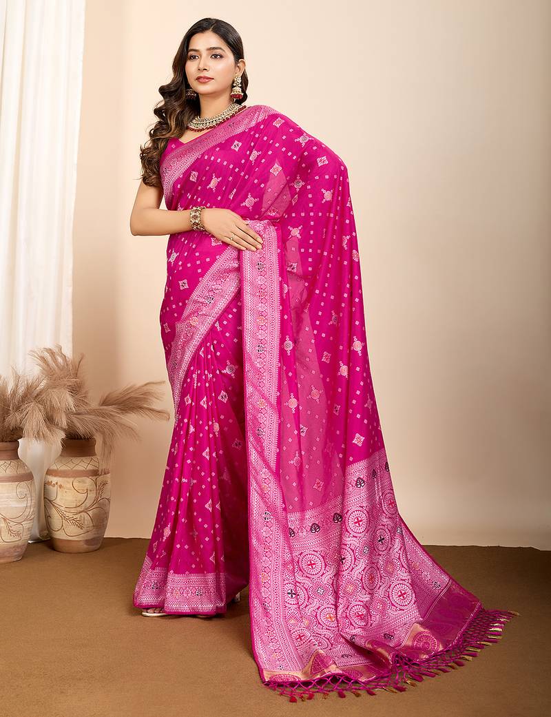 Rani pink meena kari work pure silk saree with blouse